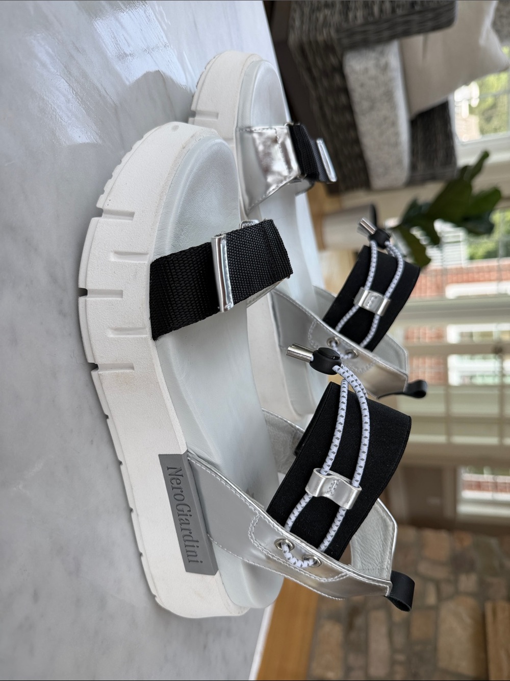 Nero Giardini Silver and Black Platform Sandals